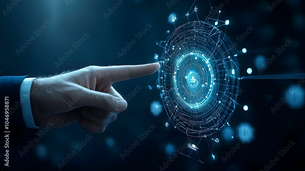 Poster futuristic businessman gesturing at polygonal hand against dark blue background surrounded by glowin