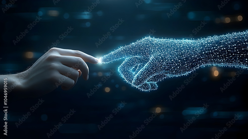 Poster polygonal hand symbolizing innovation and technology meets a businessman s finger in a futuristic di