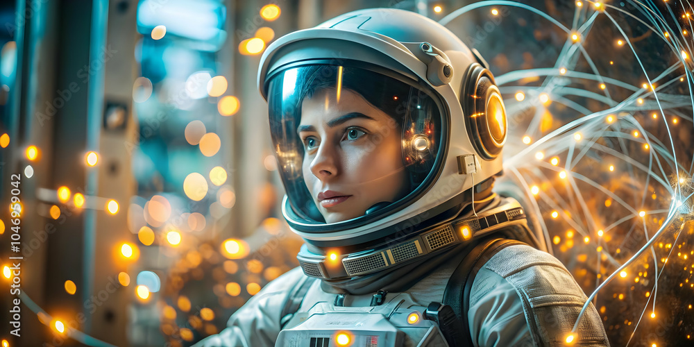 Poster soft focus astronaut floating space digital network connections bokeh stars with copy space sci-fi c
