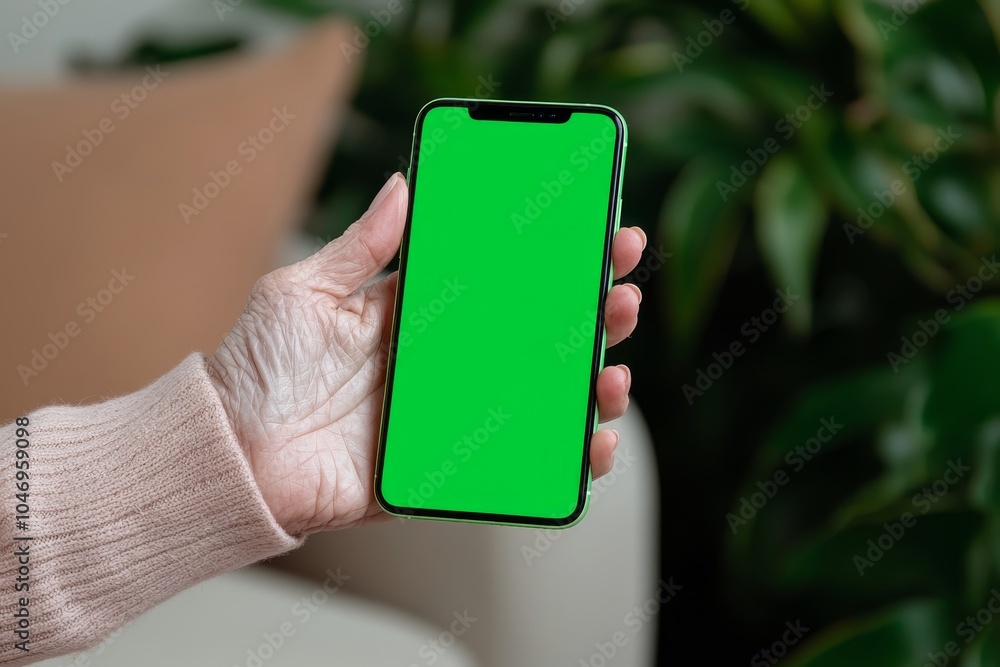 Poster the elderly woman is presenting her phone on an empty green screen. mockup blank template for an app