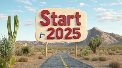Desert road leading into the sunset with "Start 2025" written in stylish font, conveying a sense of adventure and exploration, 3D illustration