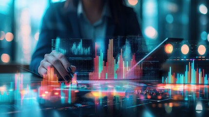 A marketing manager reviewing an extensive social media engagement report on a virtual display filled with colorful bar graphs and audience insights while sitting in a tech-driven office environment