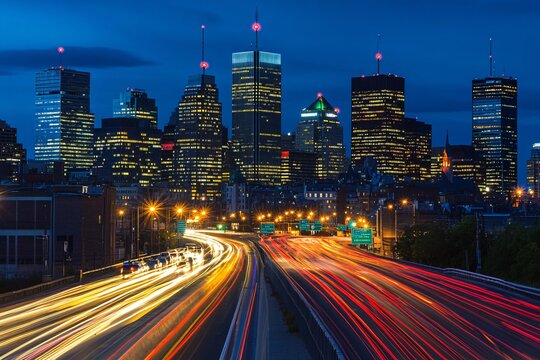 Twilight cityscape of downtown showcasing the skyline illuminated by lights, with busy traffic on the highway below during evening hours