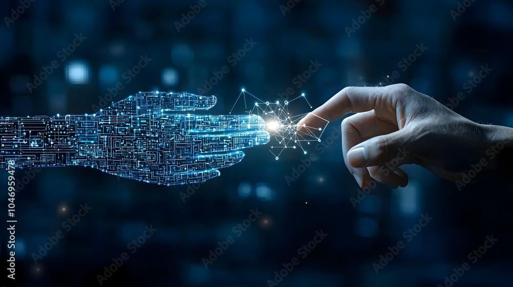 Leinwandbilder digital transformation concept featuring a businessman s hand reaching towards a polygonal hand on a