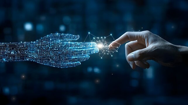 Digital Transformation Concept Featuring a Businessman s Hand Reaching Towards a Polygonal Hand on a Dark Blue Background Accented by Glowing Bokeh Effects  Representing the Evolving of Technology