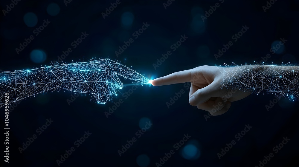Poster futuristic digital connection a businessman s hand reaching towards a polygonal hand set against a d