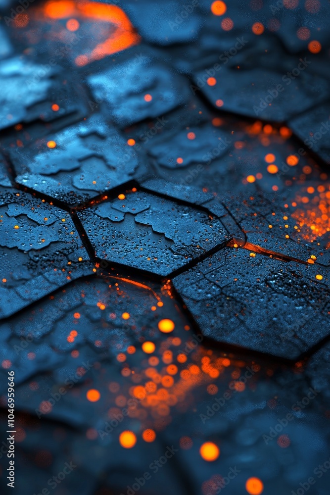 Poster In blue and orange, there is a hexagonal pattern on the background