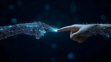 Futuristic digital connection  A businessman s hand reaching towards a polygonal hand set against a deep blue background with warm bokeh light effects symbolizing technology innovation