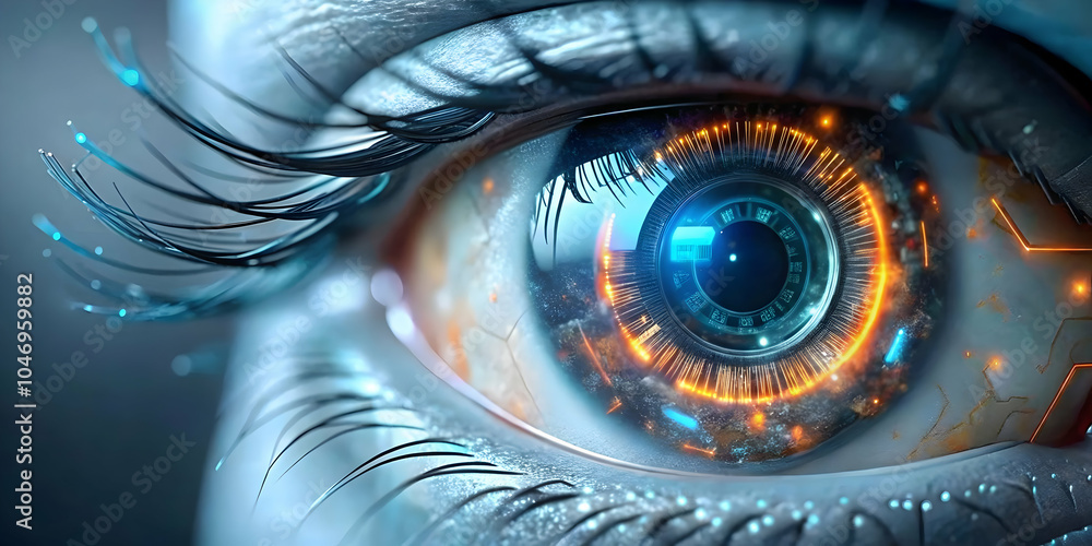 Poster macro shot eye digital data reflected iris close up human eye binary code technology connection scie