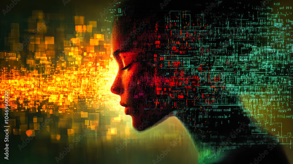 Poster a profile portrait of a digital figure is enveloped by a cascade of vibrant data streams, representi