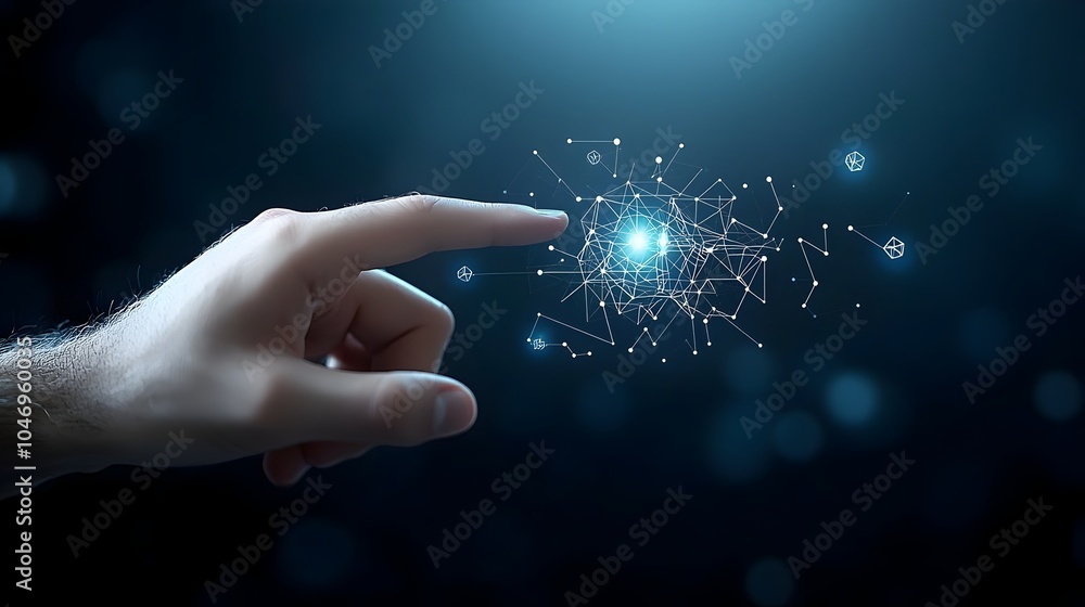 Poster businessman s hand interacting with a polygonal digital hand on a dark blue background with a bokeh 