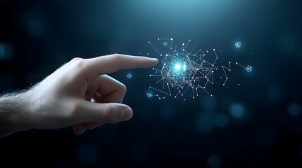 Businessman s hand interacting with a polygonal digital hand on a dark blue background with a bokeh glow surrounding the scene