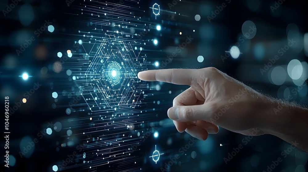 Poster businessman pointing at polygonal digital hand on dark blue tech inspired background with glowing bo