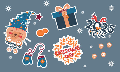 set of christmas elements, A festive sticker set featuring a cute cat in a holiday hat, gift box, 