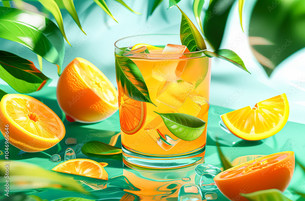 Poster glass of orange juice with a few slices of orange on the table. the juice is cold and refreshing, an