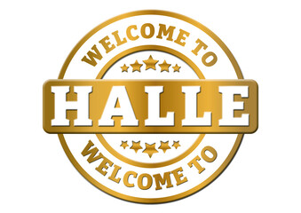 round gold sticker welcome to Halle city
