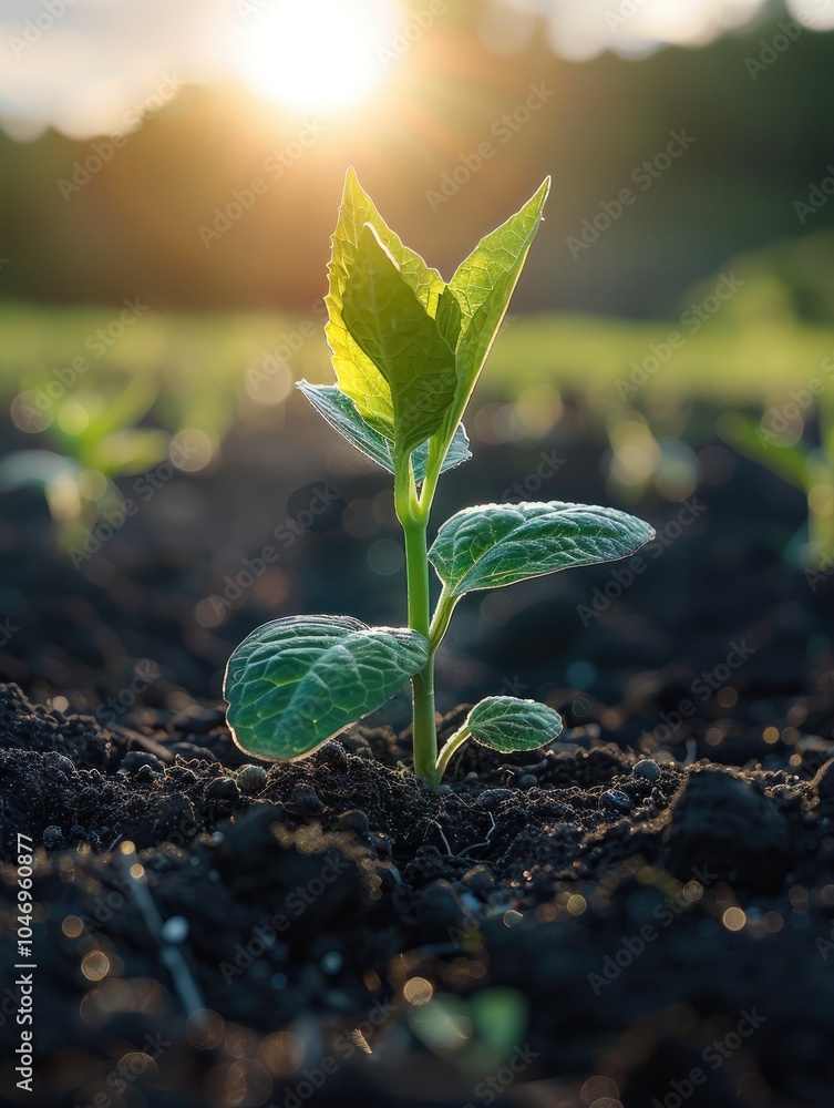 Poster Sunlit sprout emerging from the soil, surrounded by a wide open field, with soft morning light streaming through the background.