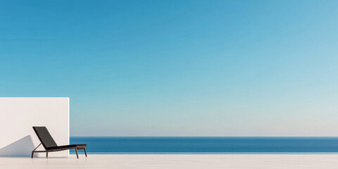 A modern lounge chair on a sunny terrace overlooking a tranquil ocean at midday
