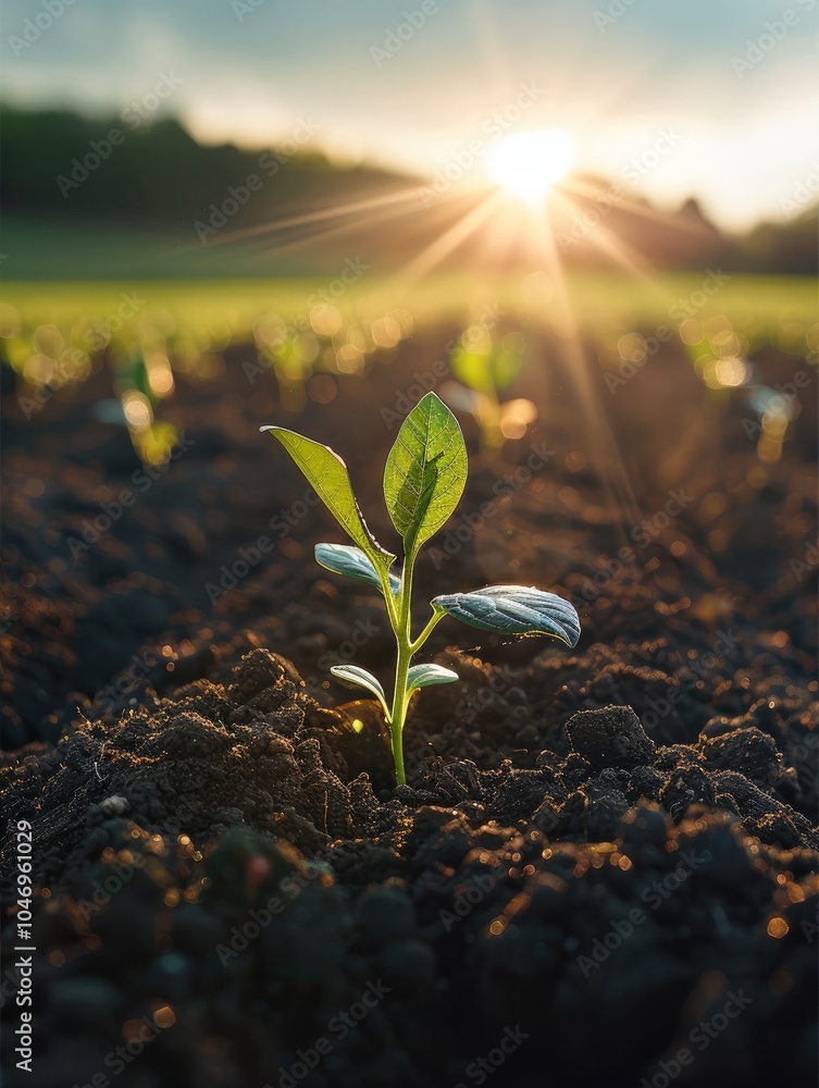 Poster Sunlit sprout emerging from the soil, surrounded by a wide open field, with soft morning light streaming through the background.