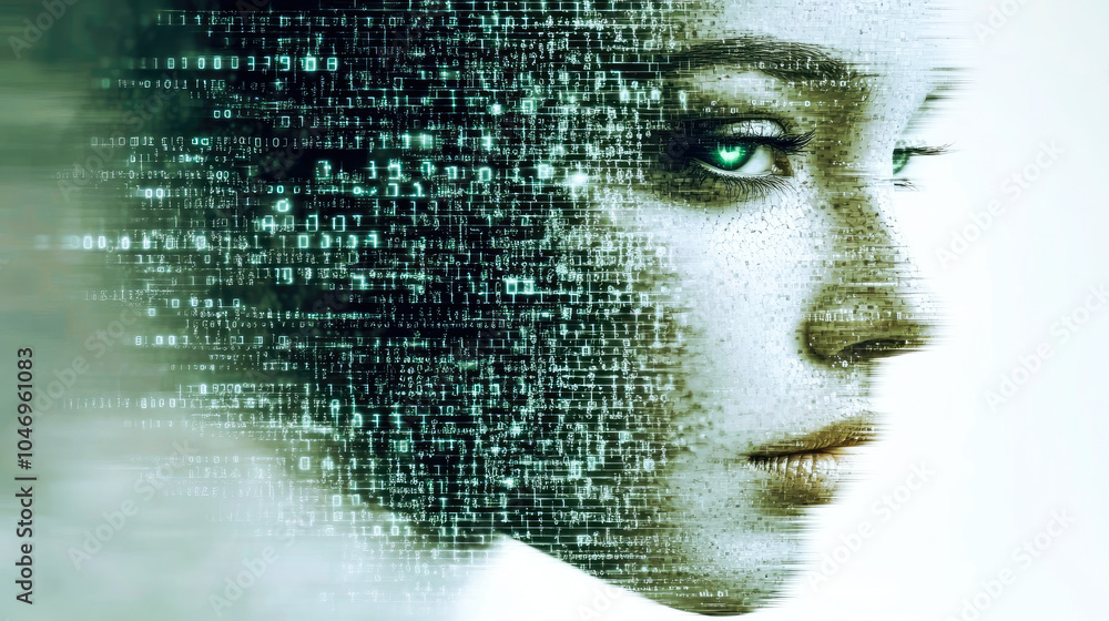 Poster half of a woman's face merges with digital binary elements, symbolizing the intersection of identity