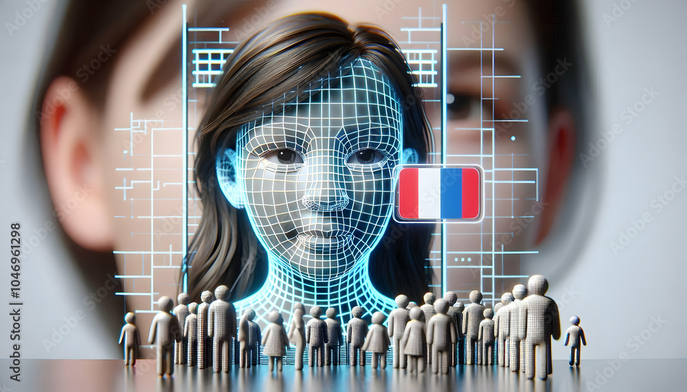 Poster 3d close-up ai facial recognition grid concept macro view scanning human face intricate digital grid