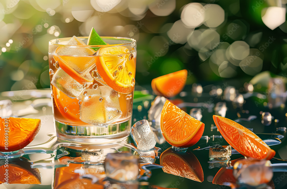 Poster glass of orange juice with ice cubes and orange slices on a table. the image conveys a refreshing an