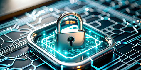 Close Up Secure Digital Firewall Interface Futuristic Device Protects Digital Data Cyber Threats Ample Copy Space Branding Photo Stock Concept