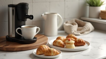 A beautifully arranged coffee station showcasing an elegant coffee maker and freshly brewed coffee in a stylish setting.