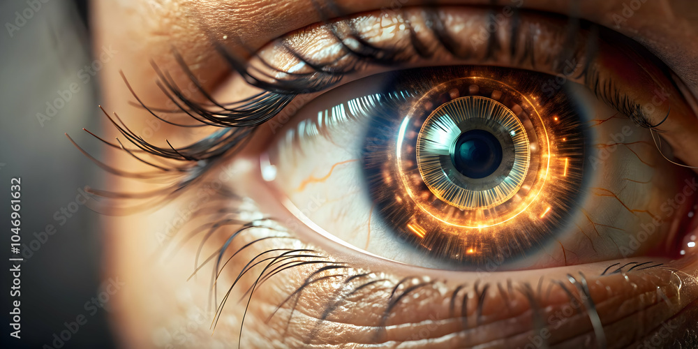 Poster macro shot human eye digital data binary code reflected iris close-up abstract connection humans tec