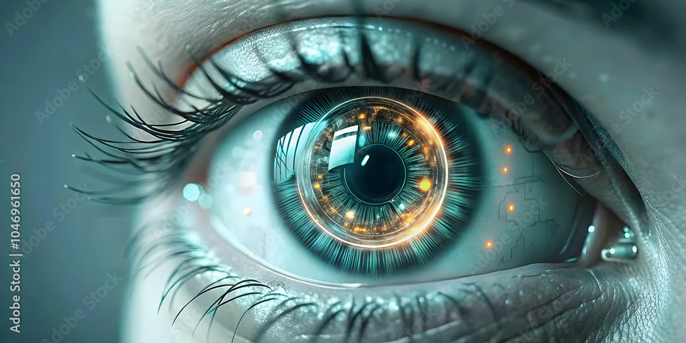 Poster macro shot of eye with digital data reflected in iris, close-up human eye imagery, binary code refle