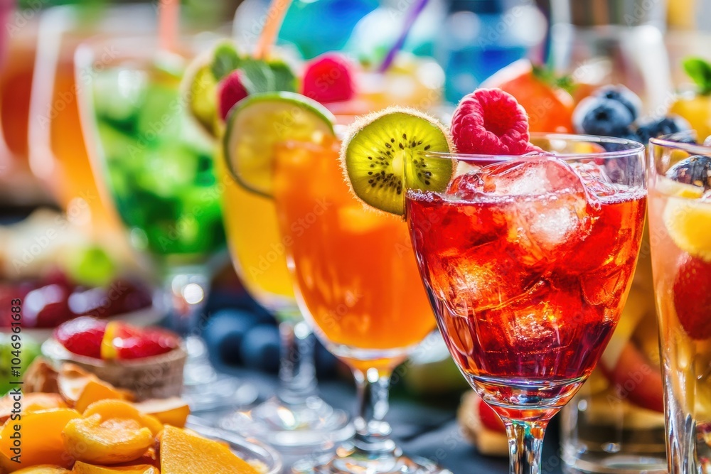 Poster bright cocktails adorned with fruits are presented alongside tasty snacks, creating an inviting and 