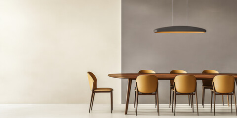 Modern dining room setup with stylish furniture and elegant lighting in neutral tones