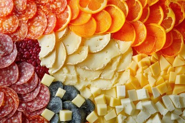 A Close-Up of an Arrangement of Salami, Orange Slices, and Various Cheeses