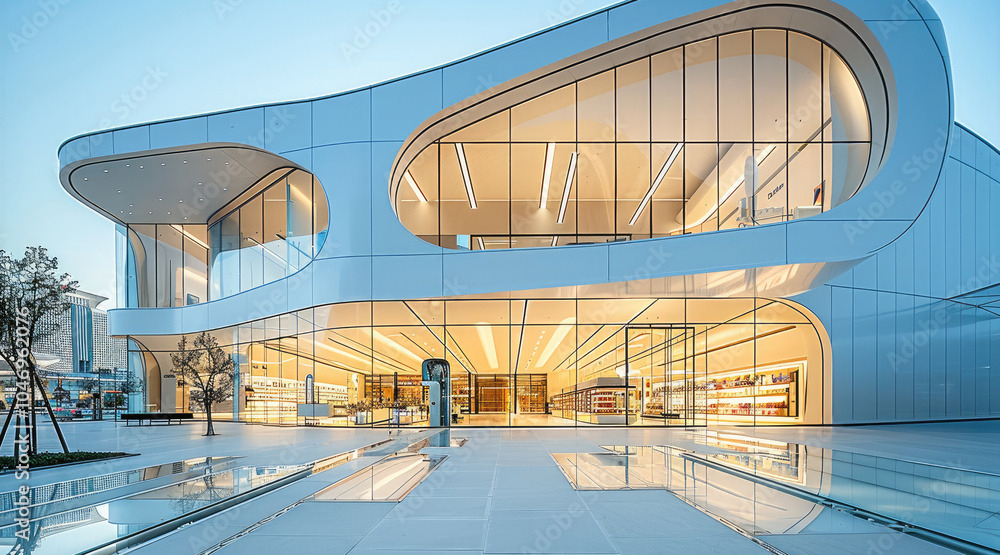 Poster a luxury store in a spacious square with modern architecture, white wall display windows. exterior.