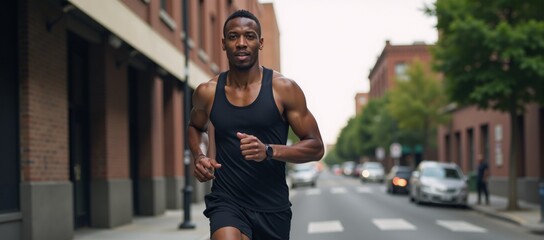 An African-American male goes for a run on the street conveying concepts of fitness health and lifestyle