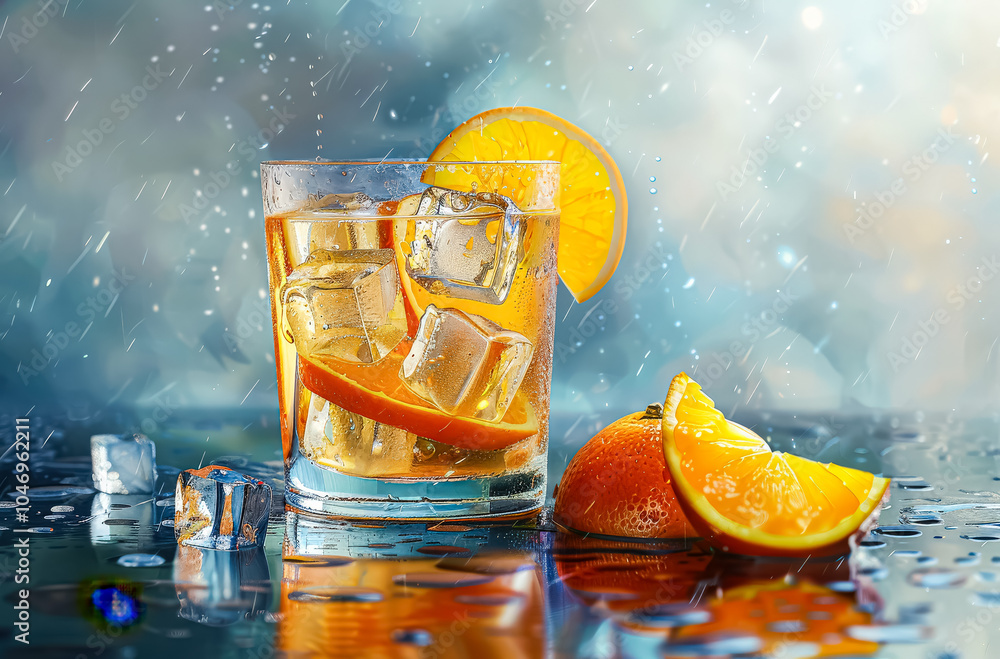 Poster glass of orange juice with ice cubes and a slice of orange on the side. the ice cubes are scattered 