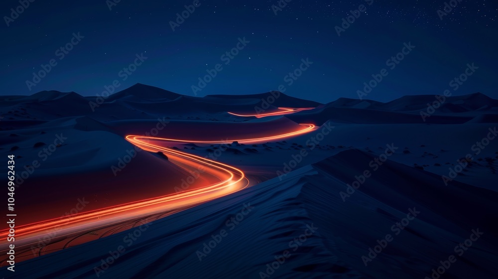 Poster The light trails merge with the natural curves of the dunes creating a captivating sight in the darkness.