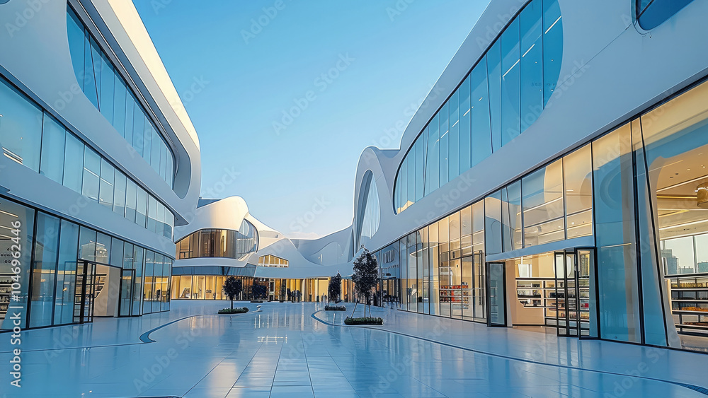 Poster a luxury store in a spacious square with modern architecture, white wall display windows. exterior.