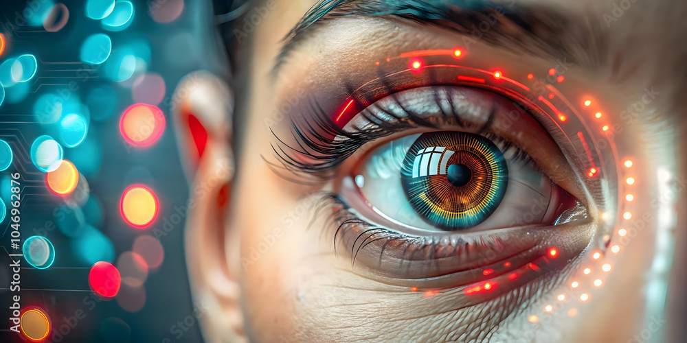 Aufkleber cybernetic eye data streams bokeh lights soft abstract digital art science fiction day concept enhan