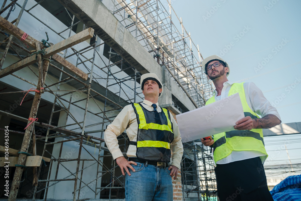 Poster contractor and engineer architect working together planning using blueprint design structure constru
