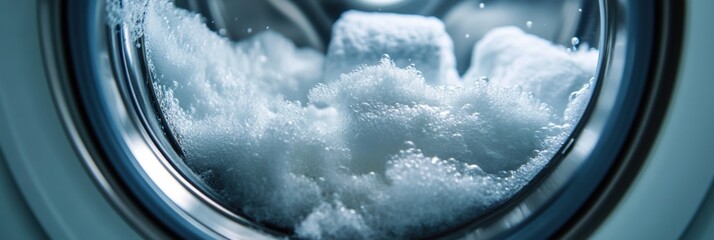 The washing machine drum is filled with soft white towels, showing suds as they tumble during the washing process. Generative AI