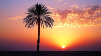 A lone palm tree stands tall against a vibrant sunset sky.