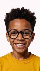 Obraz premium A charming adorable African-American boy with large glasses brings innocent joy in a delightfully isolated portrait set against a pristine white backdrop