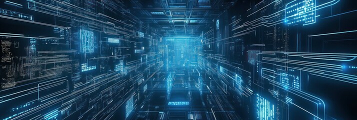 Abstract blue glowing digital tunnel with data flow, lines, and circuit boards.