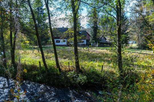 H&ouml;fener M&uuml;hle am Perlenbach auf der Narzissenroute im Herbst in der Eifel