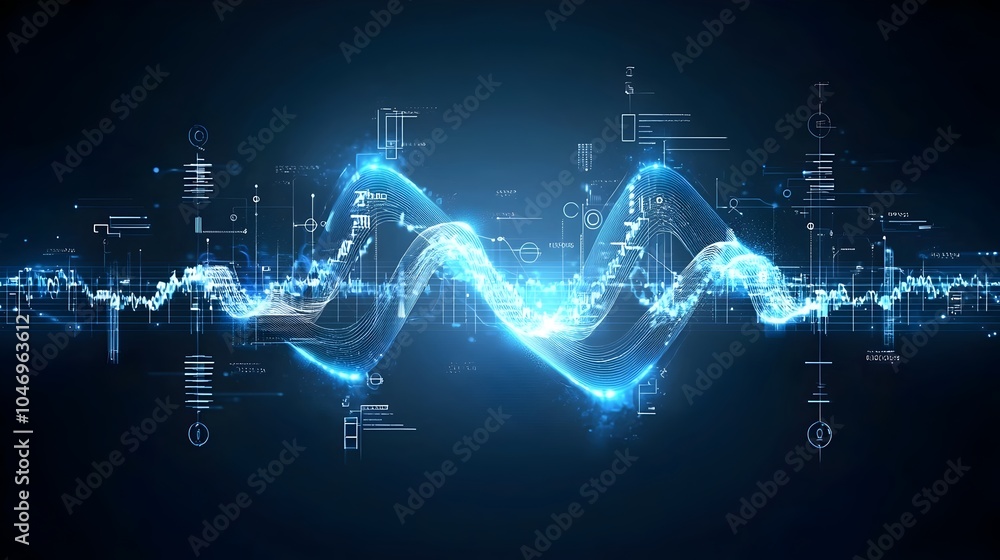 Aufkleber Futuristic digital abstract blue waves with glowing flowing particles on a dark background symbolizing advanced technology and innovative design