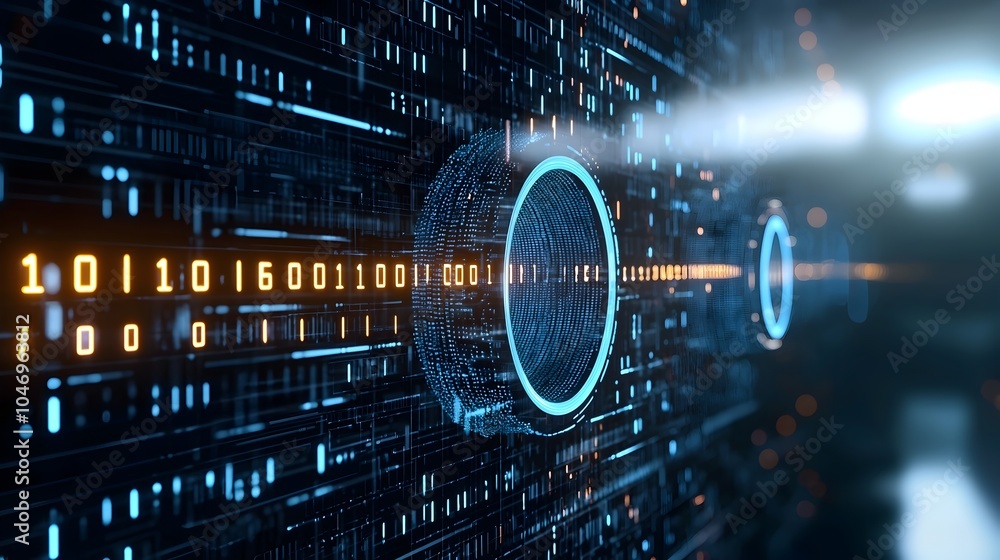 Poster Seamless digital waves and glowing particles transitioning on a dark abstract background symbolizing modern technological advancements and the of data systems