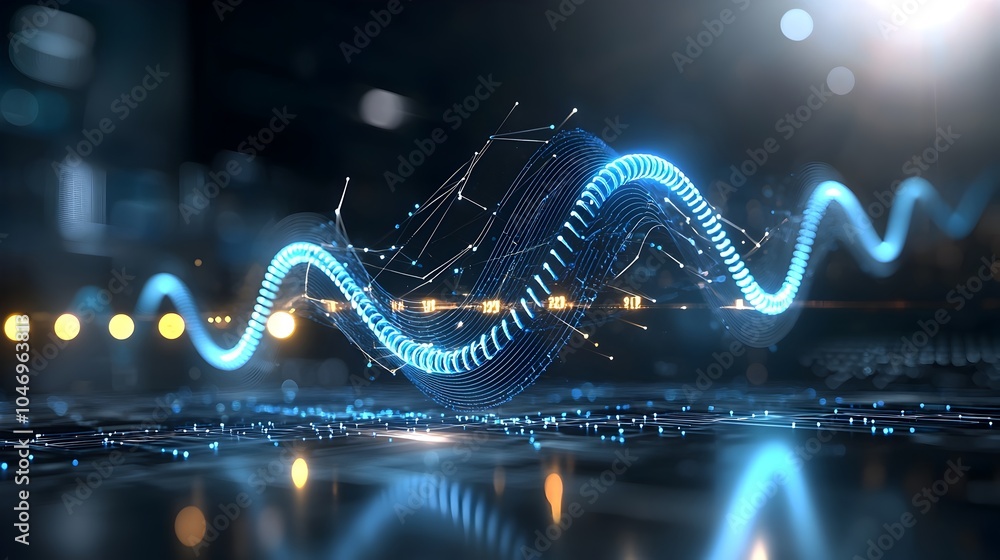 Poster Stunning abstract digital art depicting blue waves and glowing particles transitioning into a white background symbolizing the seamless and convergence of modern technology and data