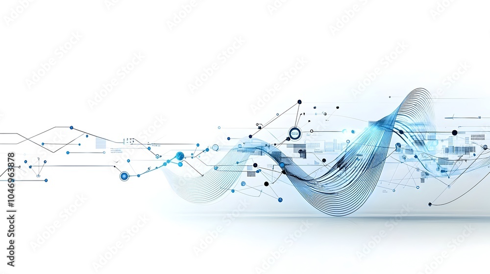 Poster Glowing blue digital waves moving across a dark and white background representing the dynamic flow of futuristic technology and data