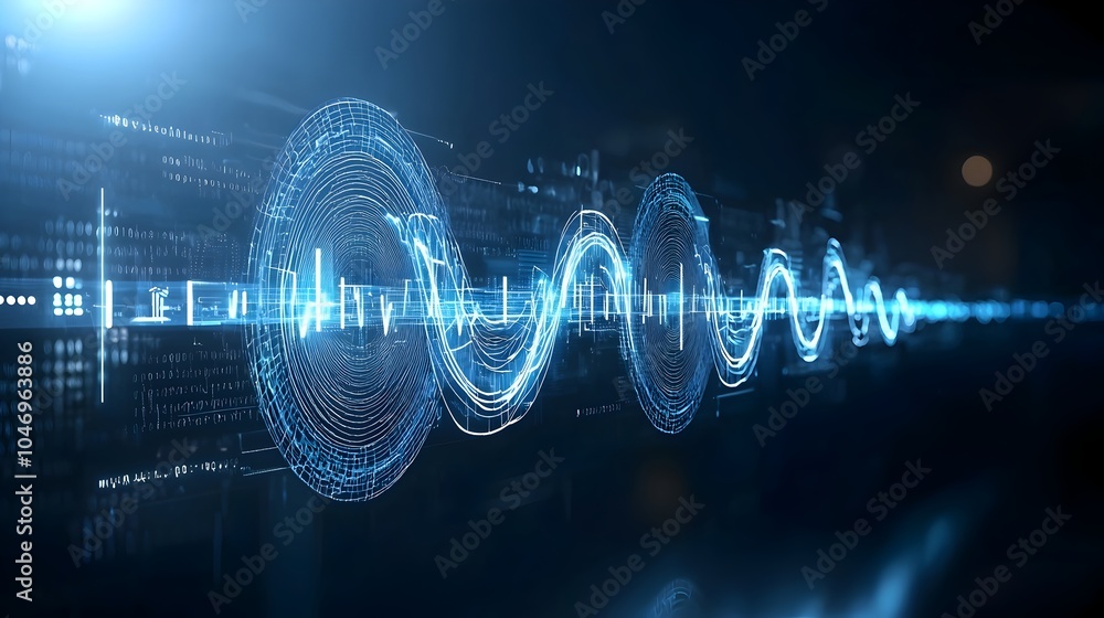 Aufkleber Glowing blue digital waves and lines flowing dynamically across a dark and white background representing the concept of futuristic technology data processing